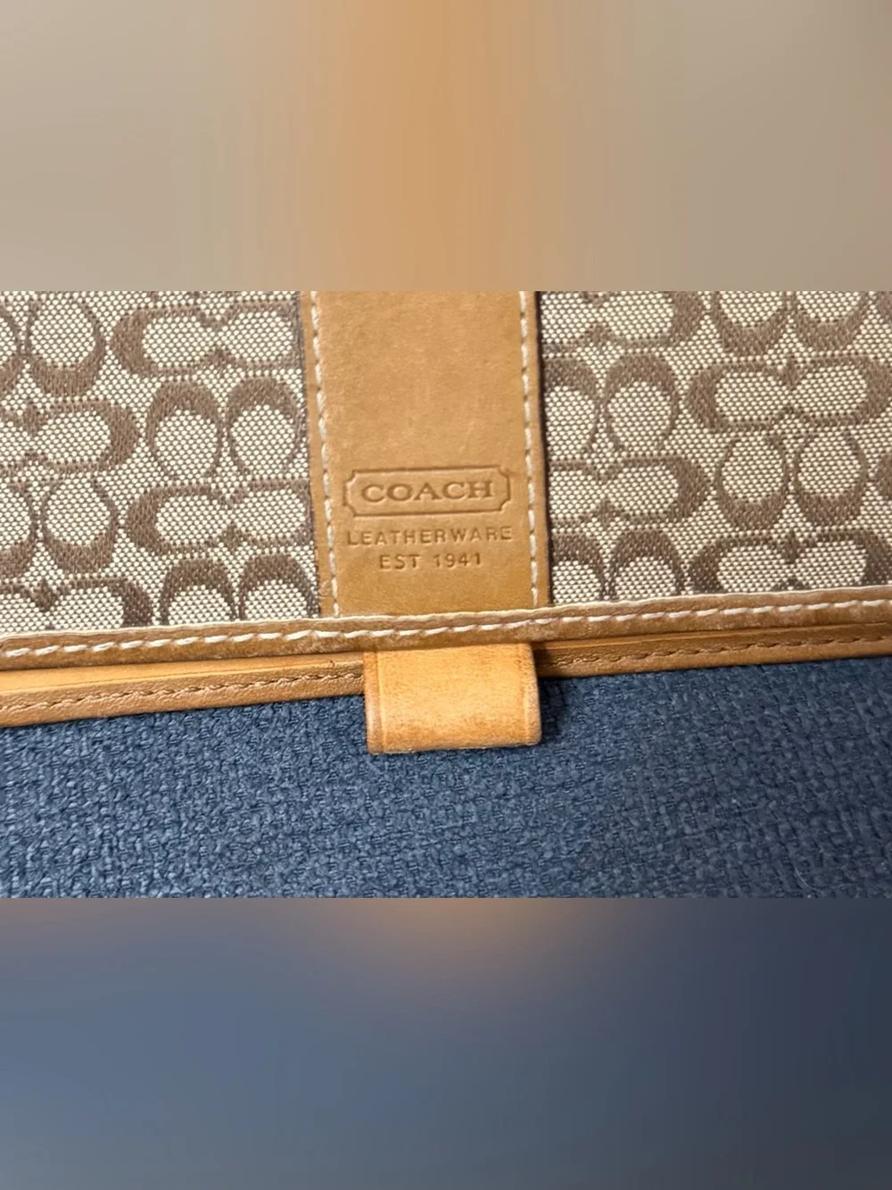 Coach Checkbook Cover Brown Signature C Jacquard, Leather Trim & Pen Loop Y2K